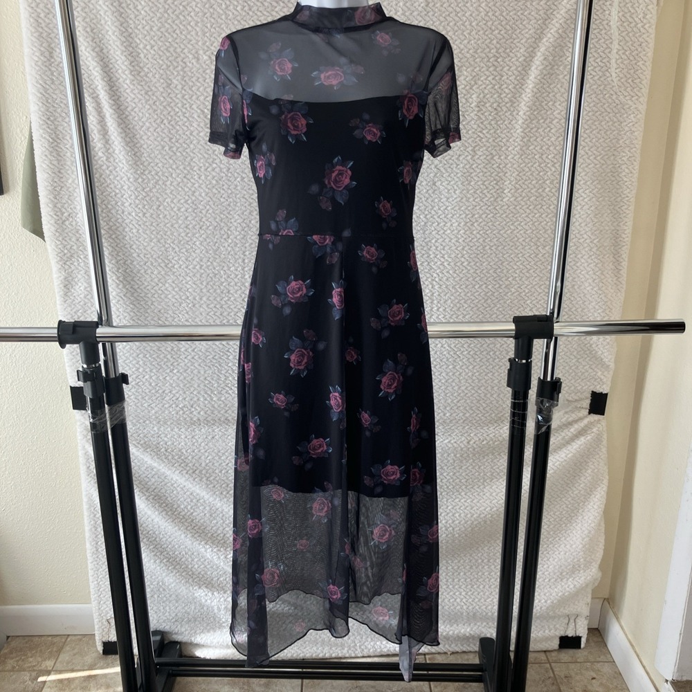 Unbranded Womens Dark Floral Fairy Grunge Mesh Midi Dress Medium Whimsigoth
